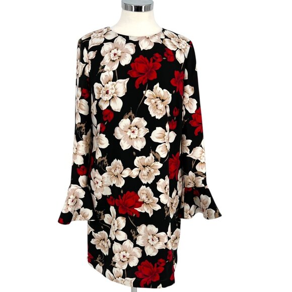 CeCe Floral Long Sleeve Shift Dress Bell Cuff Sleeve Black Red White Size 6 - Picture 1 of 11